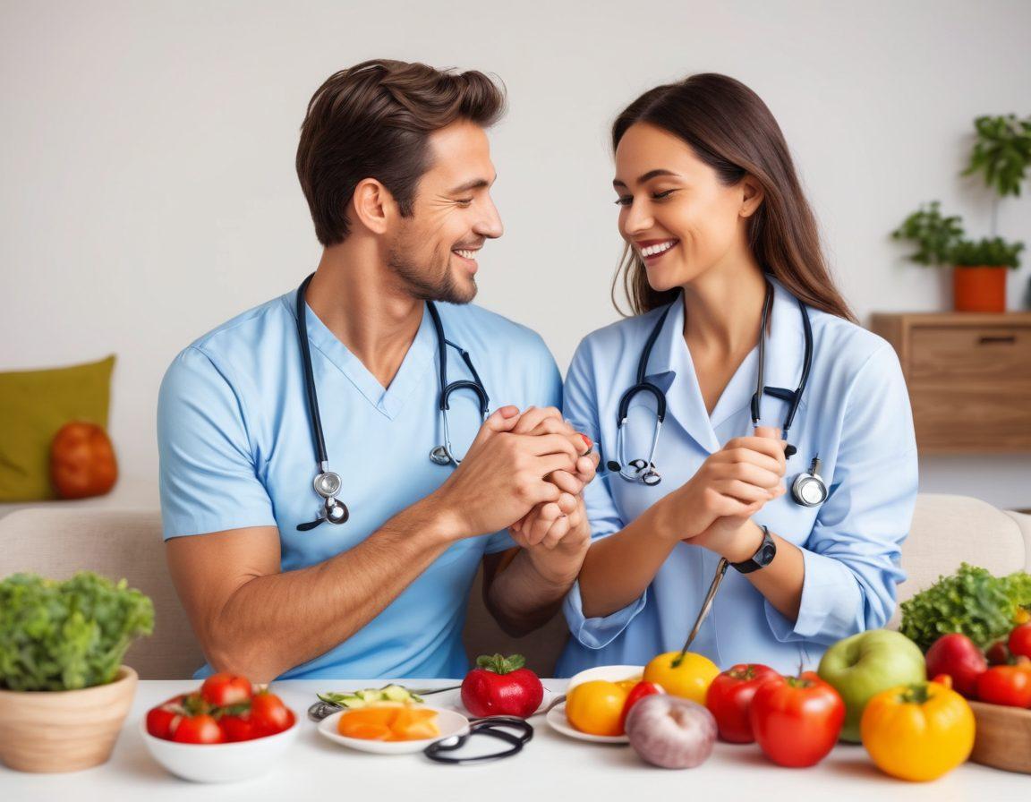 A loving couple holding hands while sitting in a cozy living room, surrounded by symbols of health such as a stethoscope, heart rate monitor, and healthy food. The couple is smiling, suggesting a strong emotional connection and mutual care. super-realistic. vibrant colors. white background.