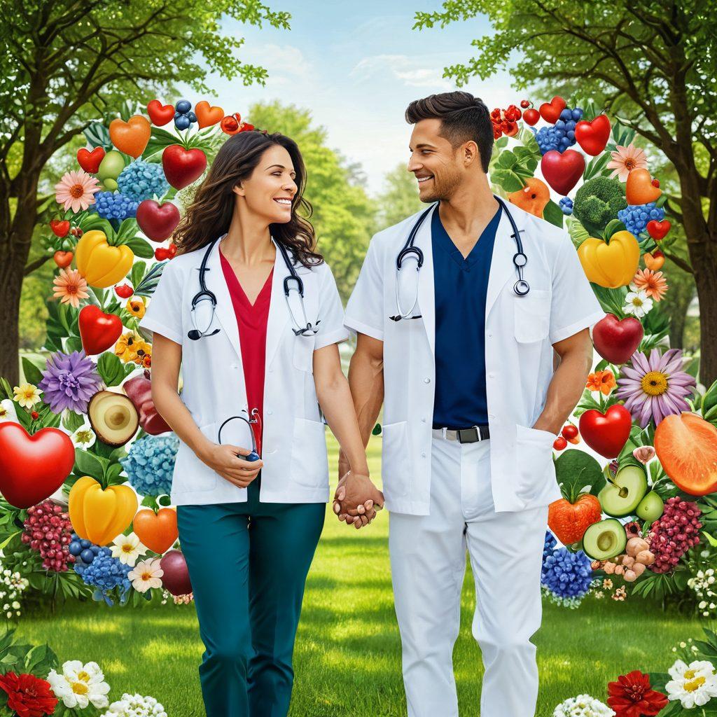 A loving couple holding hands, surrounded by medical symbols like a stethoscope, heart rate monitor, and healthy foods. Background should show a serene park with blooming flowers, symbolizing growth and connection. The couple radiates wellness and happiness. super-realistic. vibrant colors. white background.