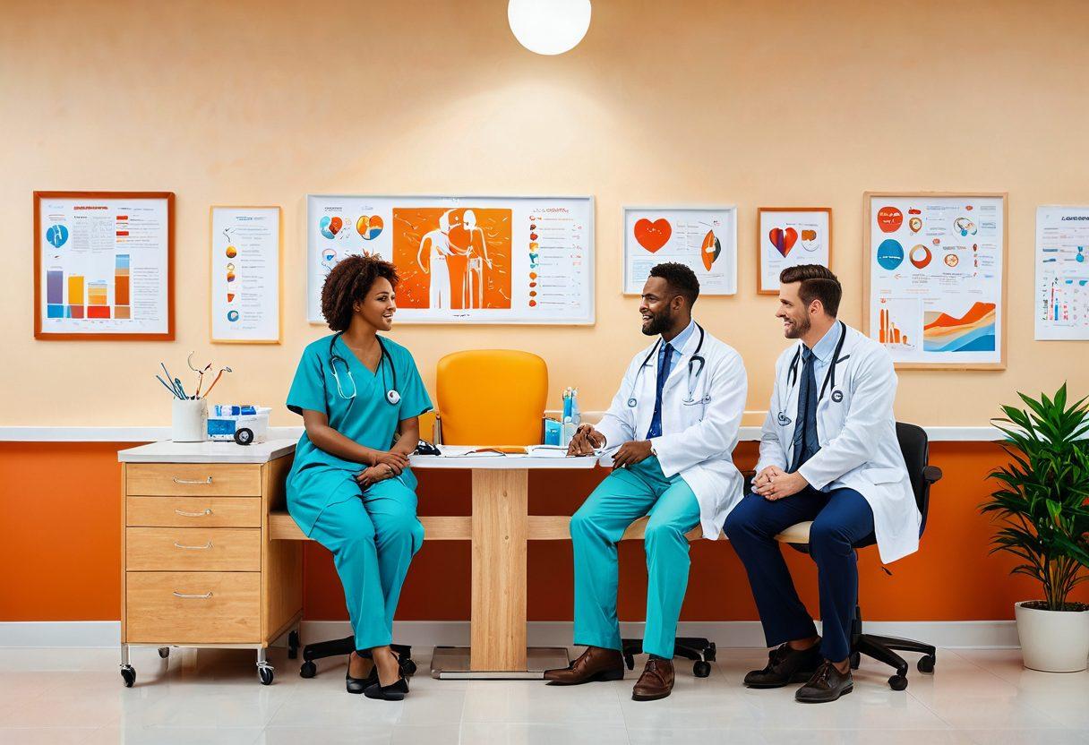 A modern, serene doctor's office with an affectionate couple holding hands while chatting with a friendly physician, medical charts and diagnostic tools gently scattered around. Warm and inviting colors dominate, symbolizing care and trust. super-realistic. vibrant colors. white background.